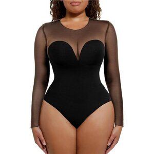 Long Sleeve Mesh Shapewear Bodysuit for Women Tummy Control Sheer Body Suits